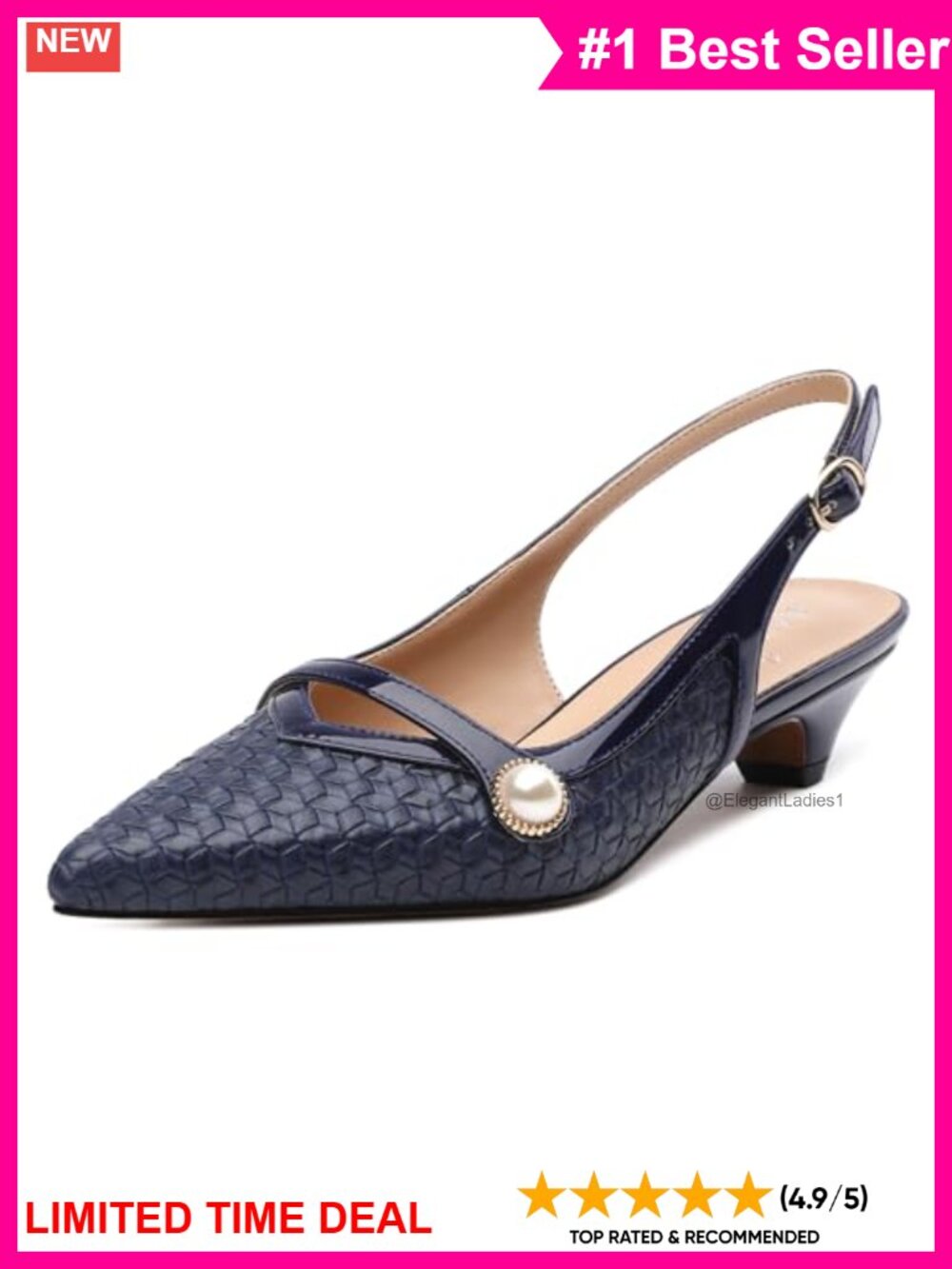 Womens Pointed Toe Slingback Pumps Low Thick Kitten Heel Woven Pearl